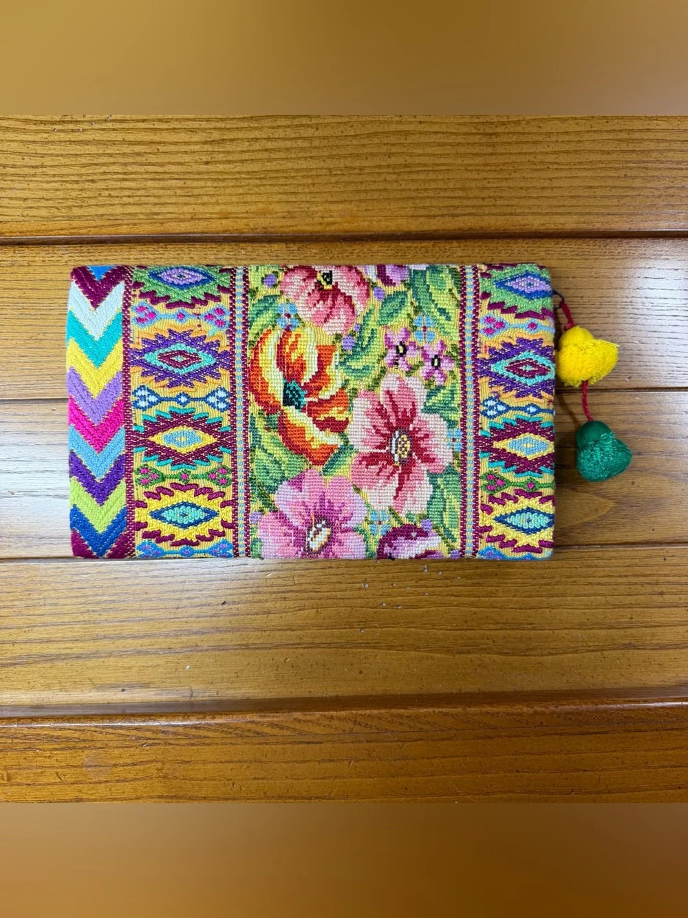 Guatemalan Huipil Embroidered Envelope Clutch Boho Floral Pom Pom Handmade